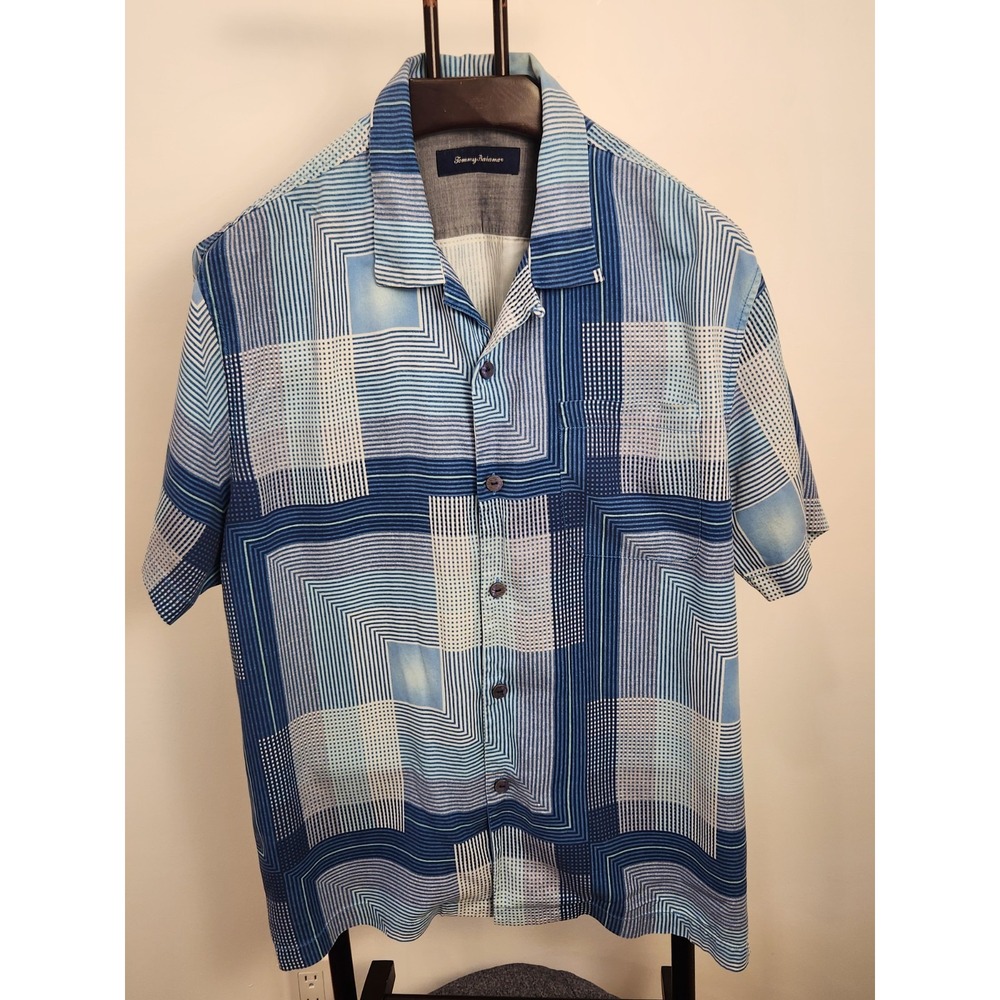 Tommy Bahama Mens Blue White Geometric Grid Button Front Camp Shirt XL